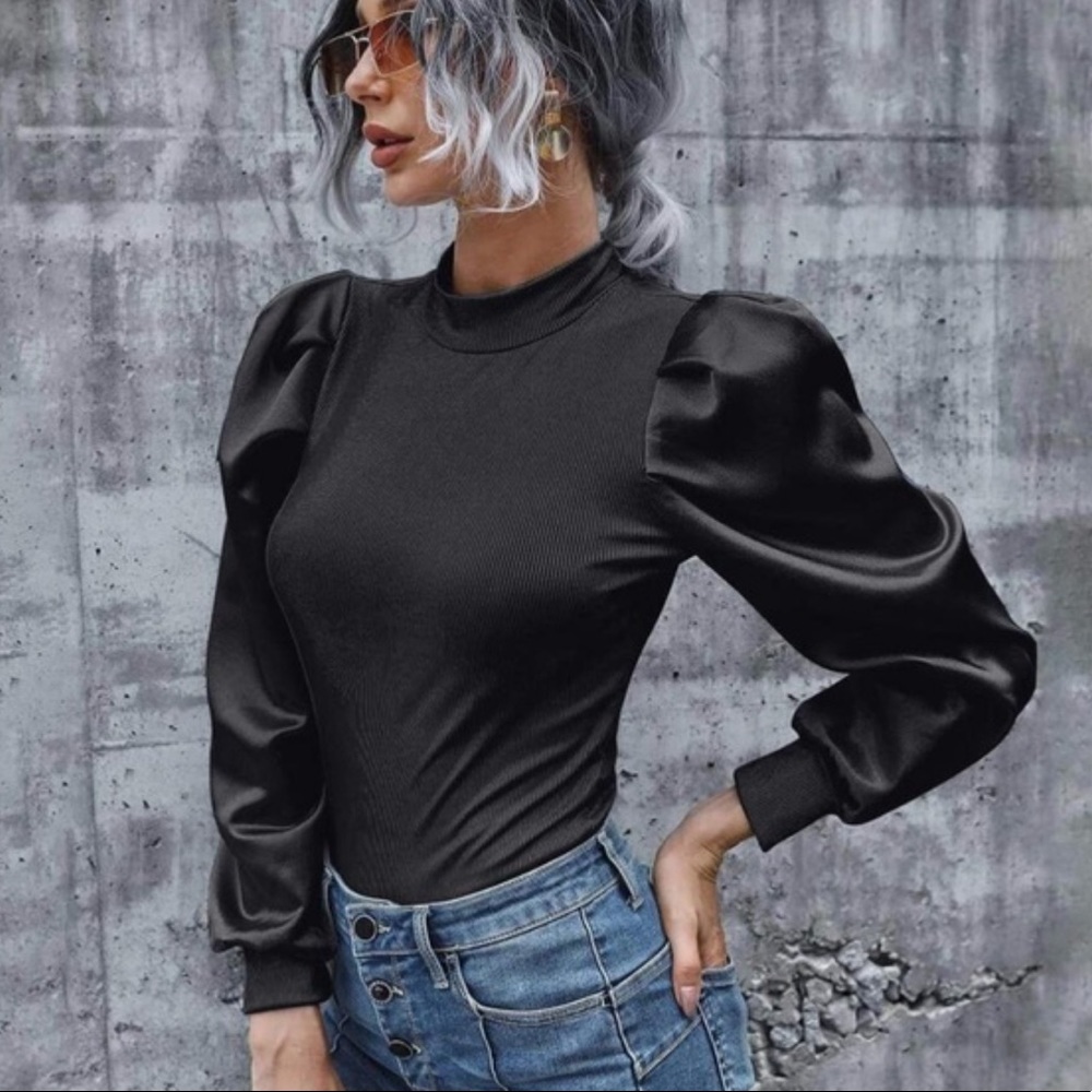 Ribbed Long Sleeve Puff Top- BLUE - Picture 13 of 13